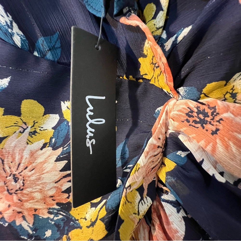 Lulus MIDI Floral Dress Blue Ruched Waist Flounce Skirt Slit Spaghetti Straps L - Picture 14 of 16